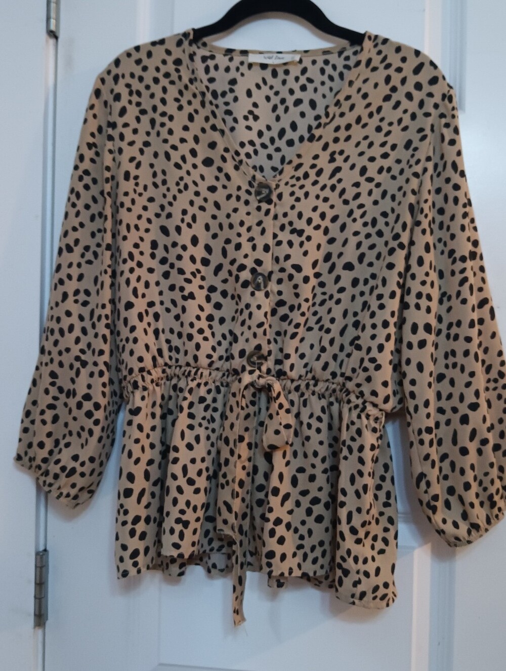 Woven Dot Drawstring Peplum Blouse - Beige/Black
